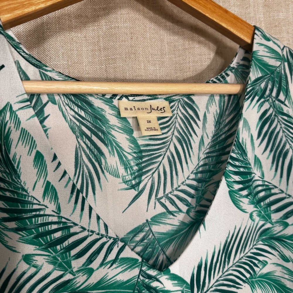 Maison Jules Palm Tree Flutter Sleeve Tank Top Tropical Coastal Green White 2X - Picture 4 of 7